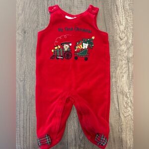 Vintage 2000s Y2K Baby First Christmas Outfit Layette Romper Teddy Train 3-6M